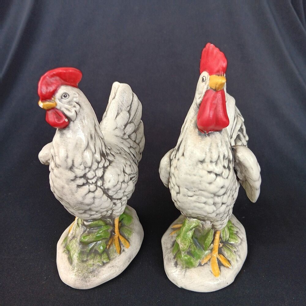 Vintage Farmhouse Ceramic Rooster And Hen Chicken Figurines  Pair White & Black